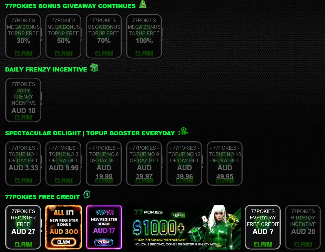 77Pokies bonuses and daily rewards screen in neon style