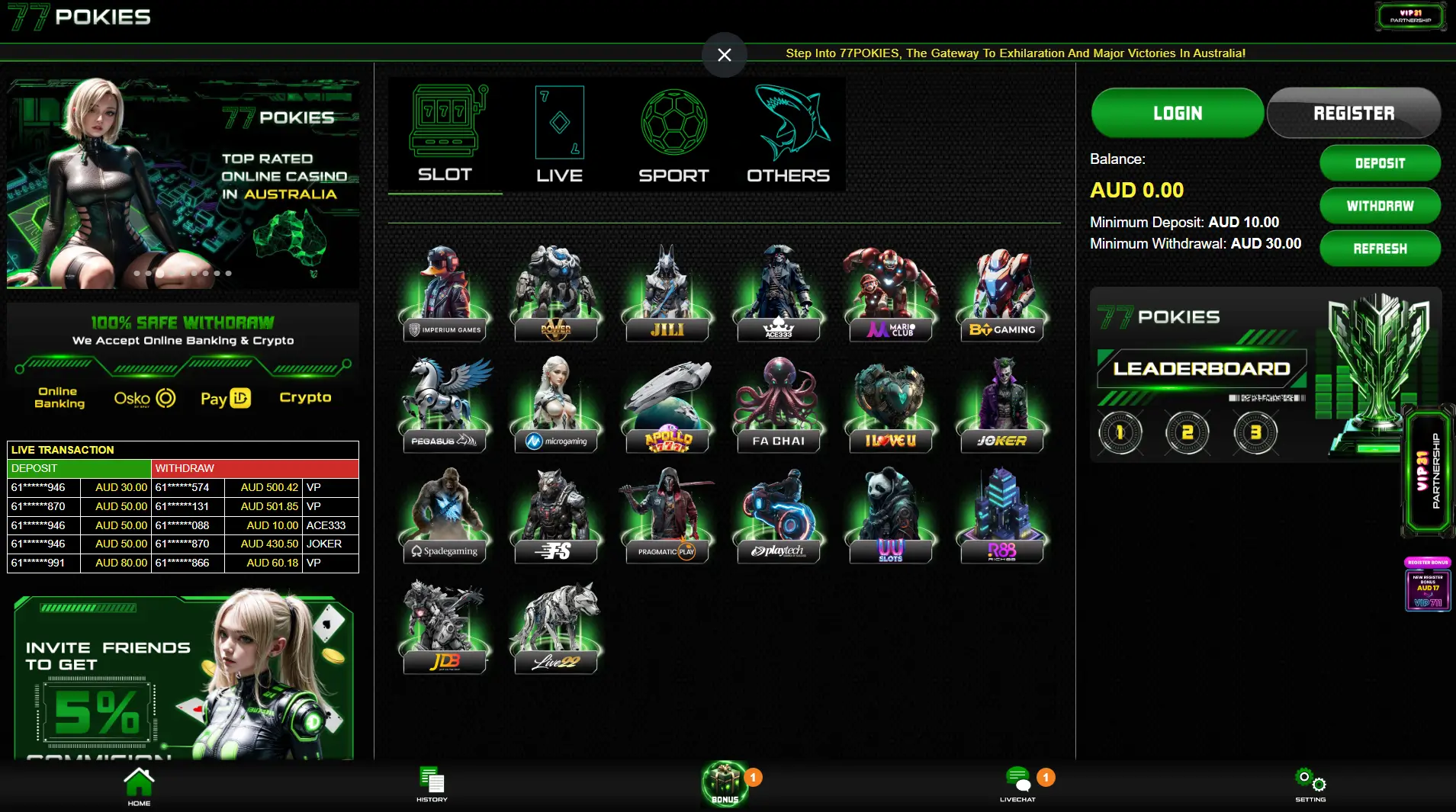 77Pokies casino lobby with game providers and cyber theme