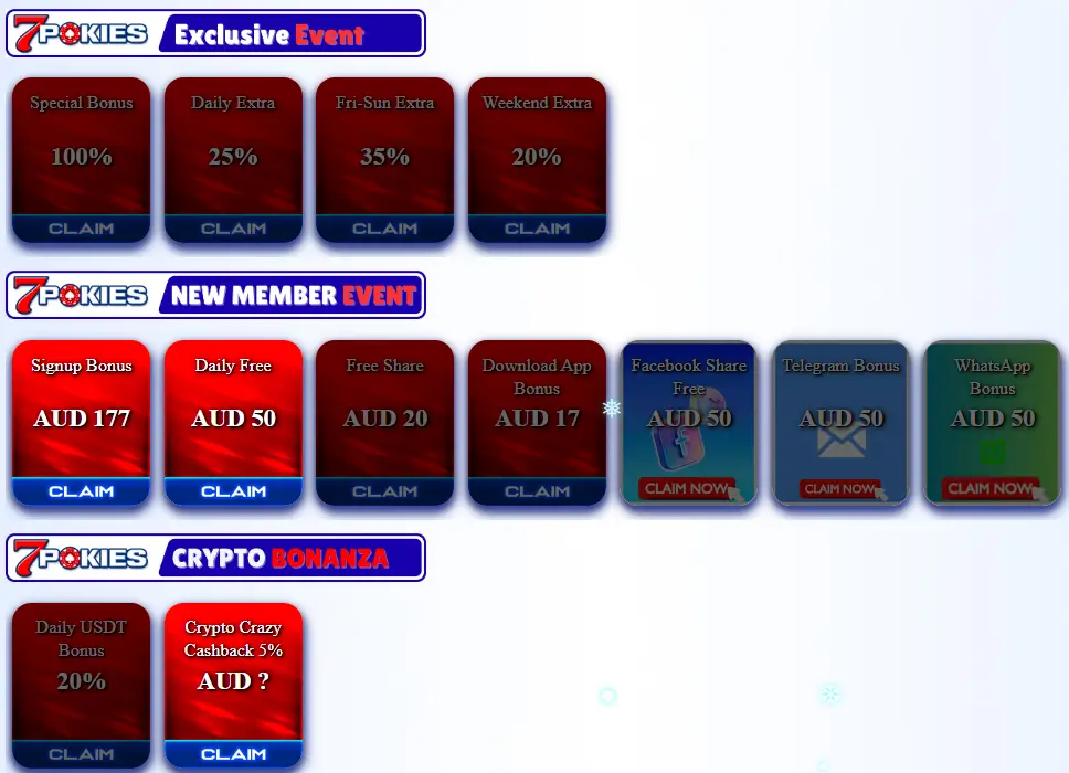 7Pokies bonus event section featuring signup offers daily rewards crypto cashback and claim buttons