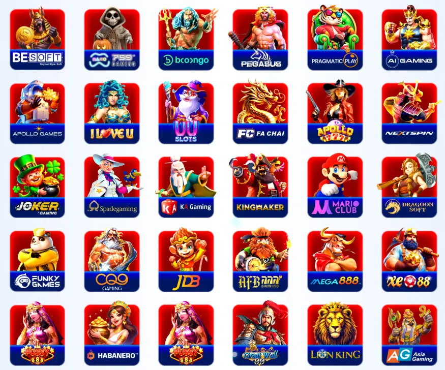 7Pokies game provider grid displaying various slot icons characters and colorful branded logos