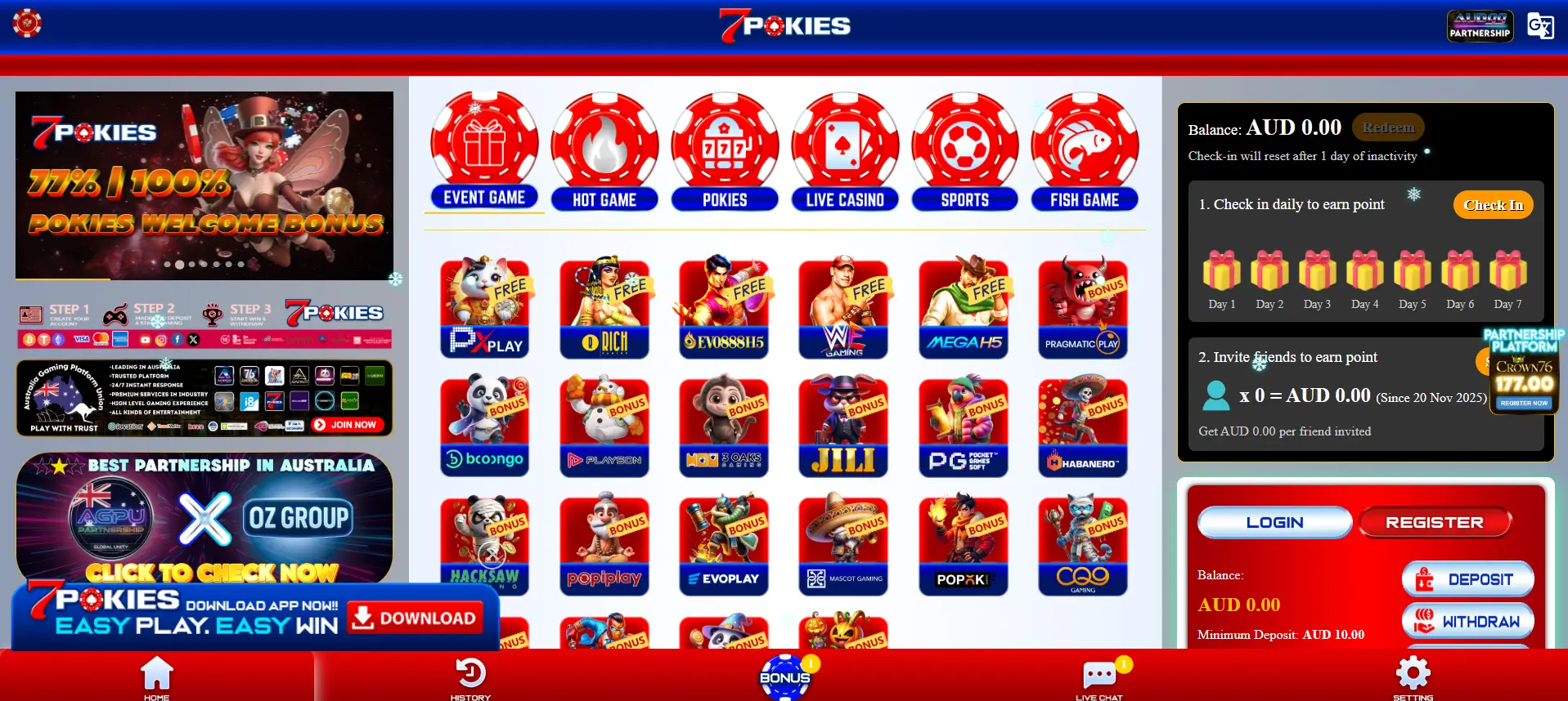 7Pokies homepage showcasing slot providers promotions check in rewards and multiple gaming categories