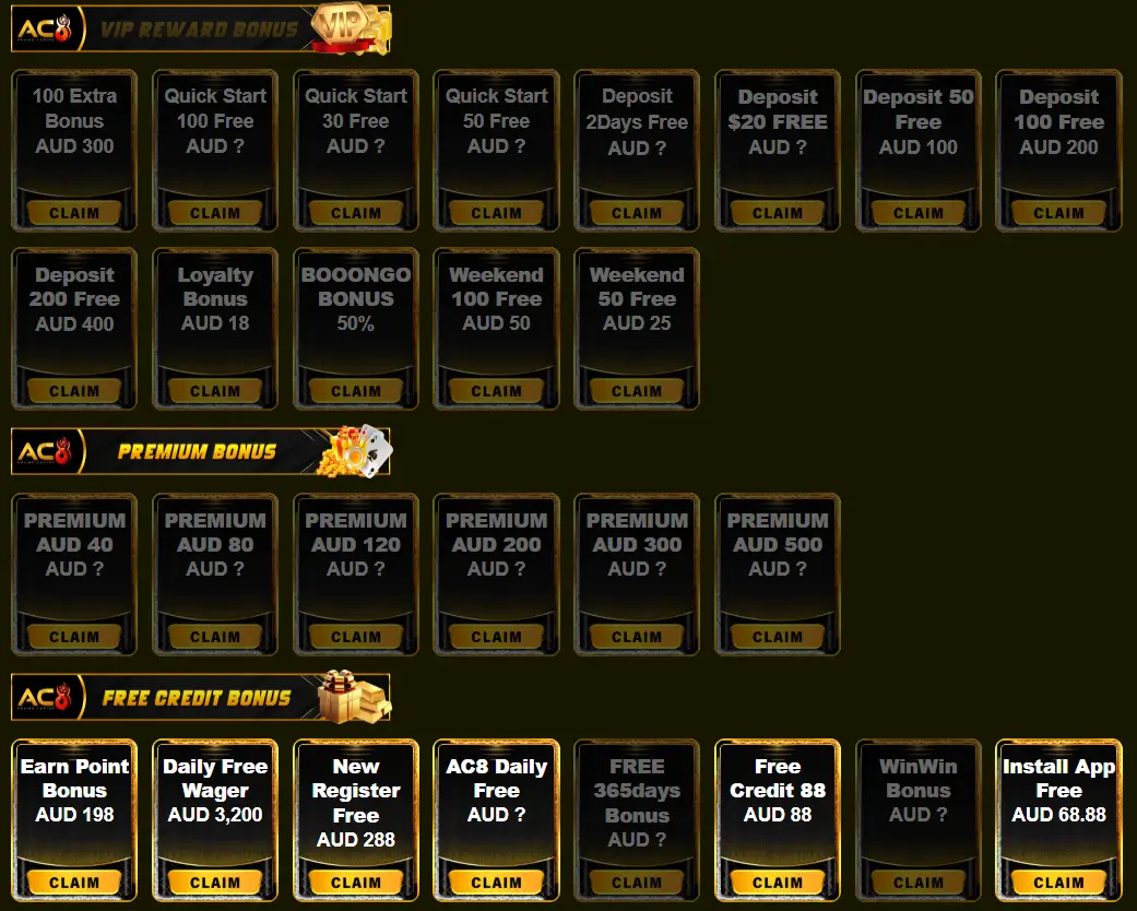 AC8 Pokies bonus section showing VIP rewards premium offers free credits and claim buttons