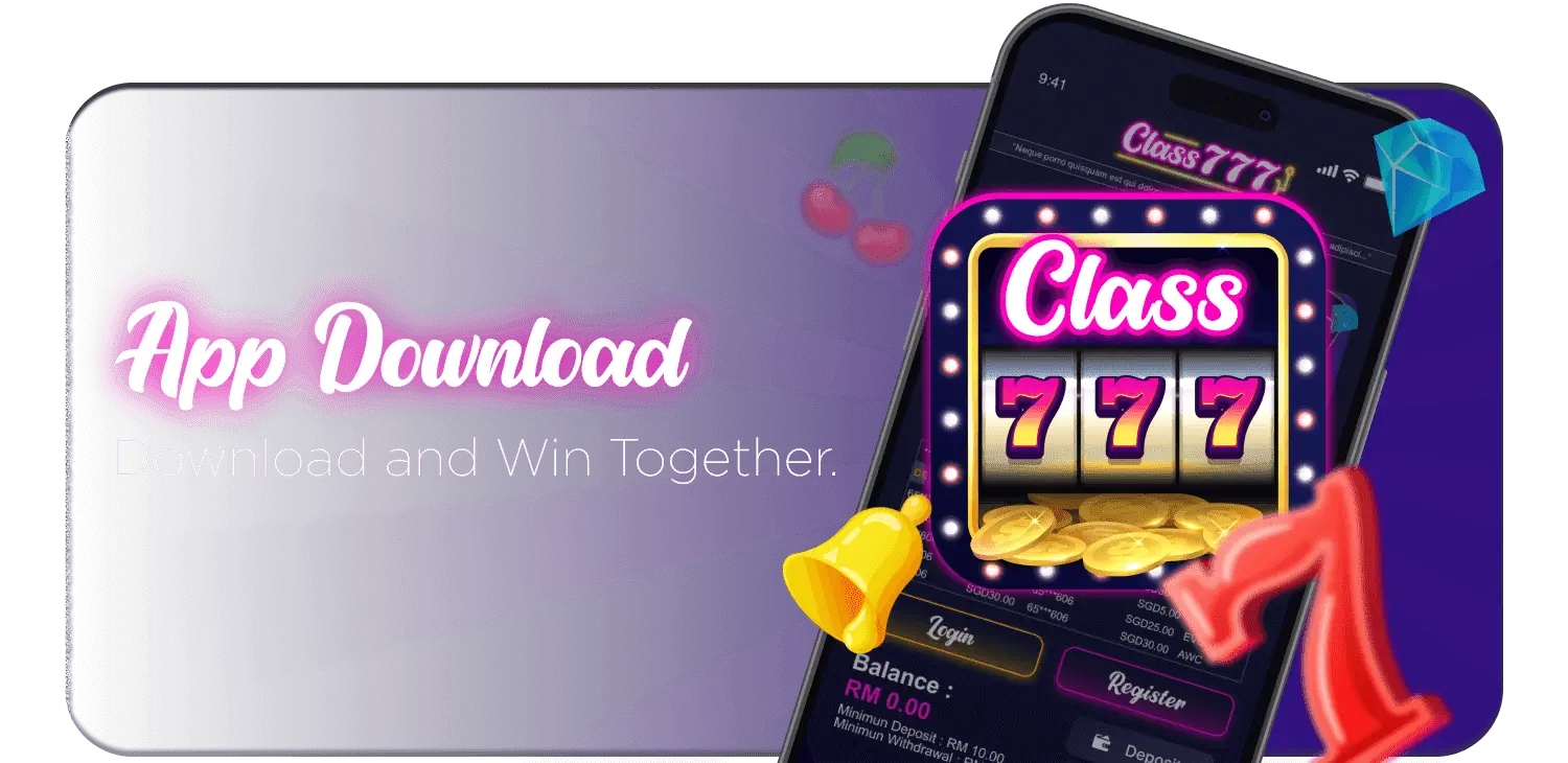 Class 777 Pokies mobile app download promotion featuring slot machine “777” and golden coins.
