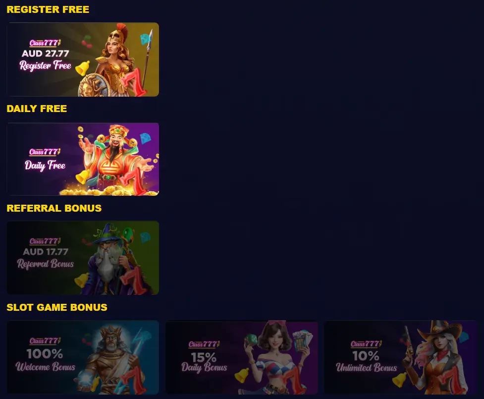 Class 777 Pokies Australia offers including free registration AUD 27.77, daily free rewards, referral bonus AUD 17.77, and slot game bonuses up to 100%