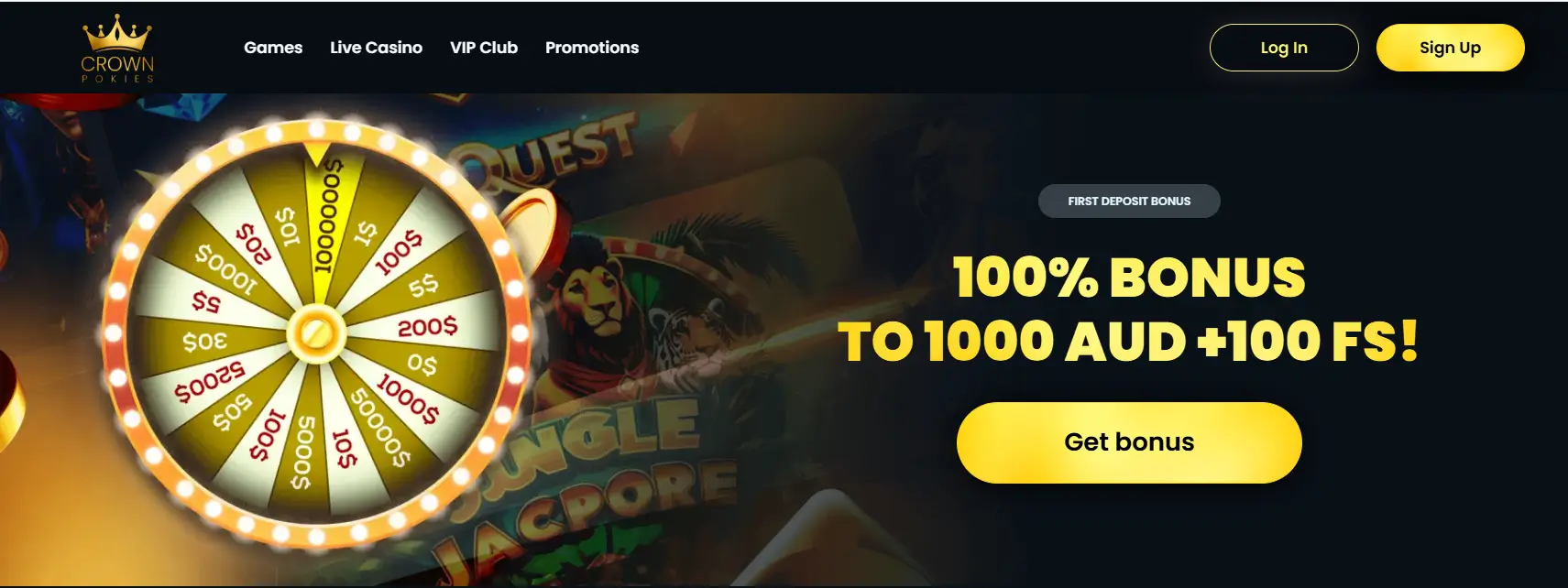 Crown Pokies Online Casino bonus banner – 100% bonus up to 1000 AUD and 100 free spins with a golden prize wheel