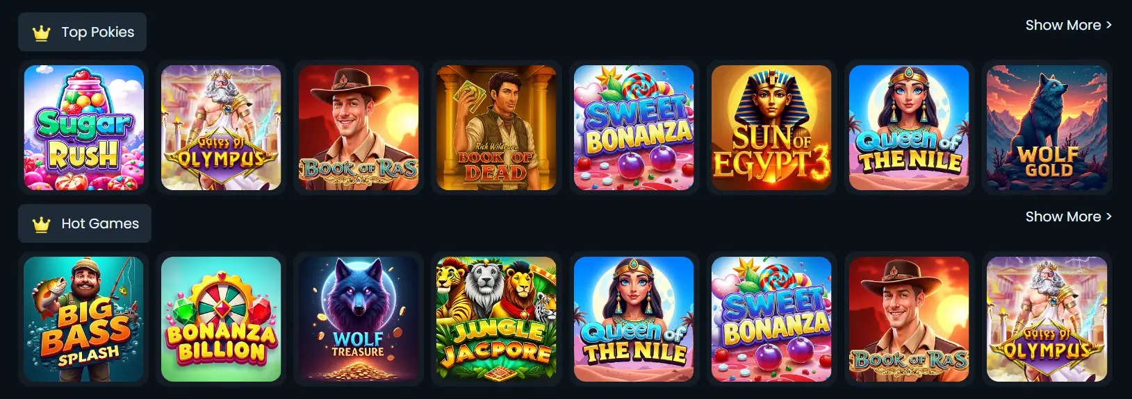 Crown Pokies Online Casino game selection – featuring popular pokies like Sugar Rush, Gates of Olympus, Book of Dead, and Wolf Gold