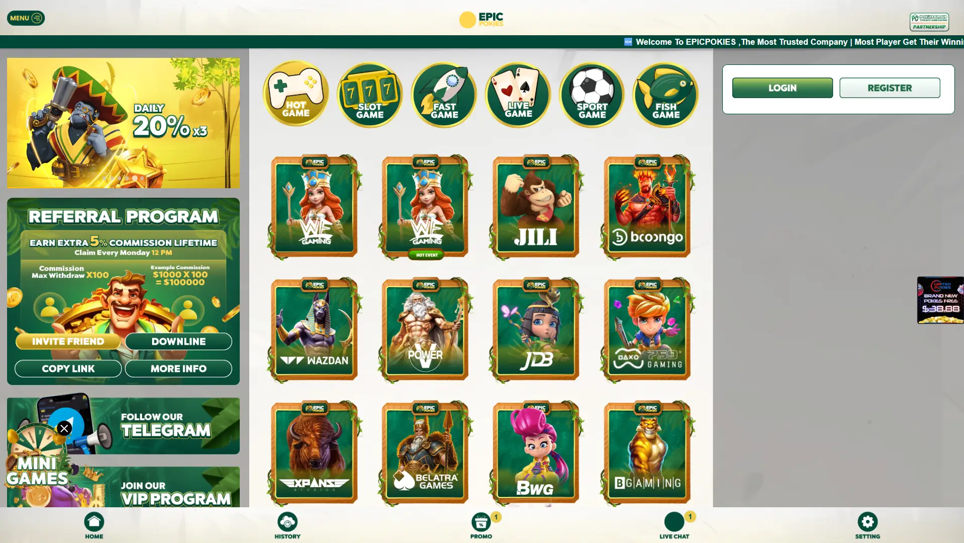 EpicPokies homepage featuring game icons categories referral offers and various colorful slot providers