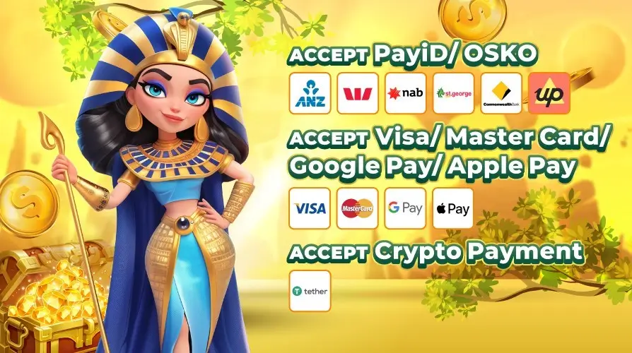EpicPokies payment options showing banks cards crypto and Egyptian themed character with gold coins