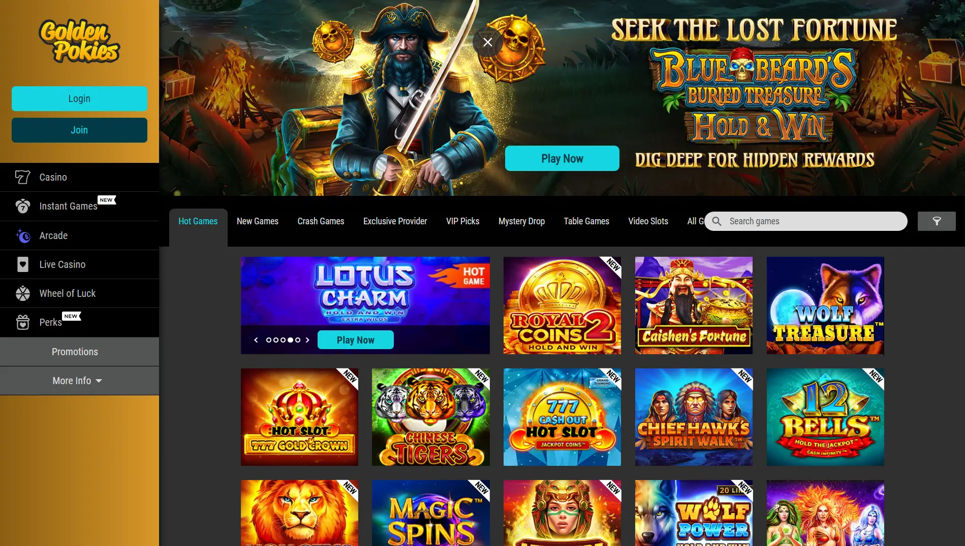 Golden Pokies main website interface – Casino homepage featuring slot games like Royal Coins 2, Wolf Treasure, and Caishen’s Fortune