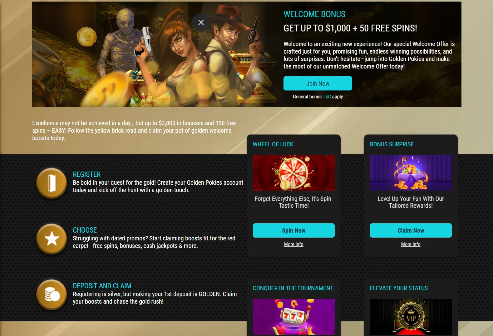 Golden Pokies welcome bonus page – Welcome offer up to $1,000 and 50 free spins with sections for registration, deposit, and rewards