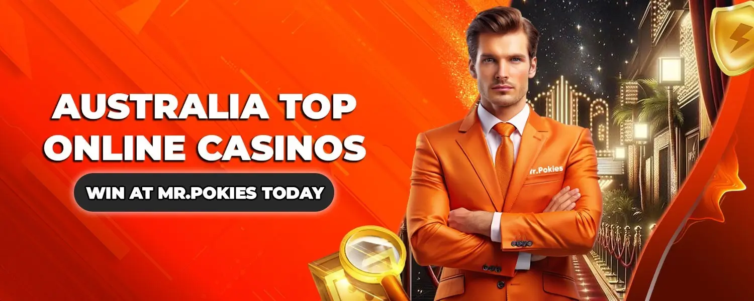 MrPokies Australia – top online casino banner with a man in an orange suit