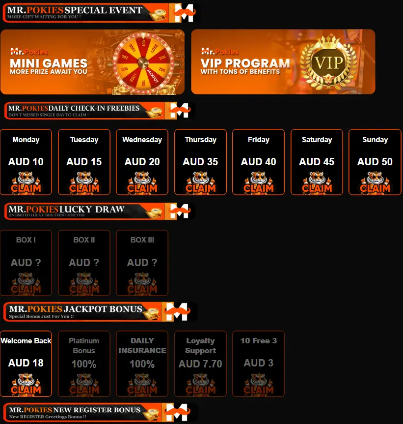 MrPokies daily bonuses, mini games, VIP program, and weekly rewards layout