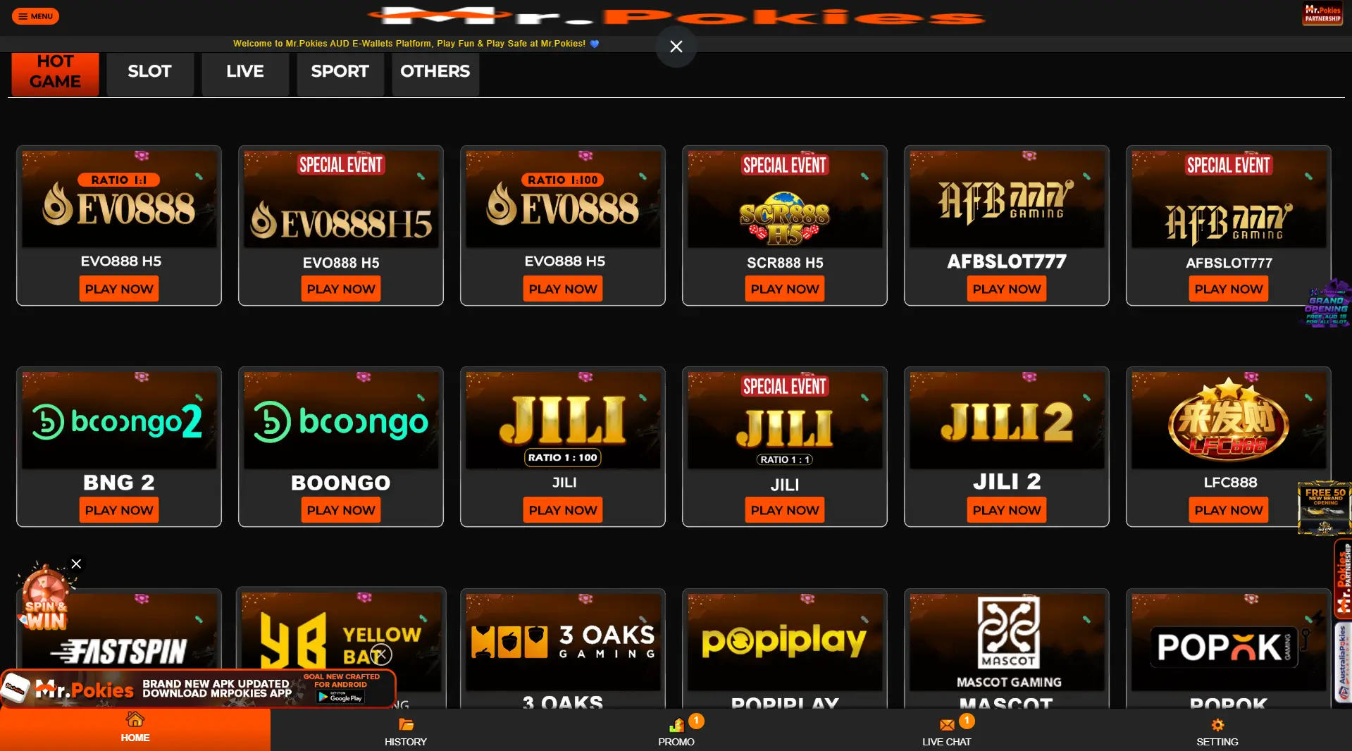 MrPokies game lobby showing slot providers and play buttons