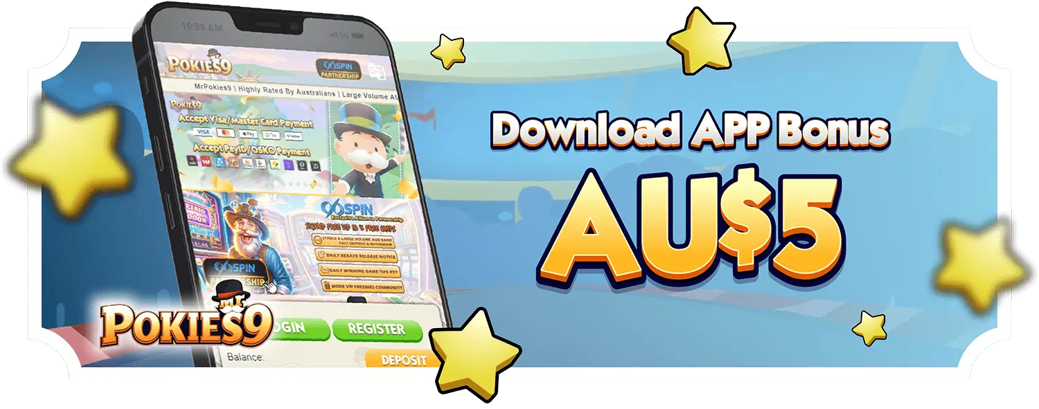 MrPokies9 AU$5 download app bonus banner with mobile app preview