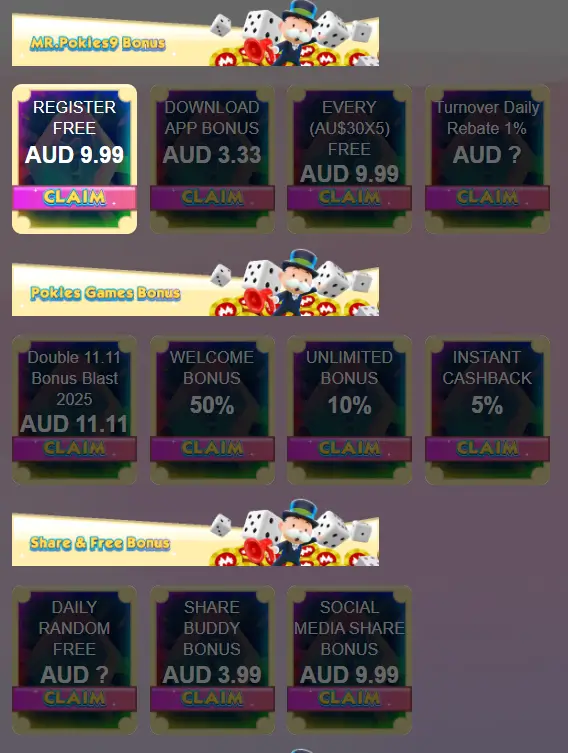 MrPokies9 bonuses including registration bonus, welcome bonus and cashback offers