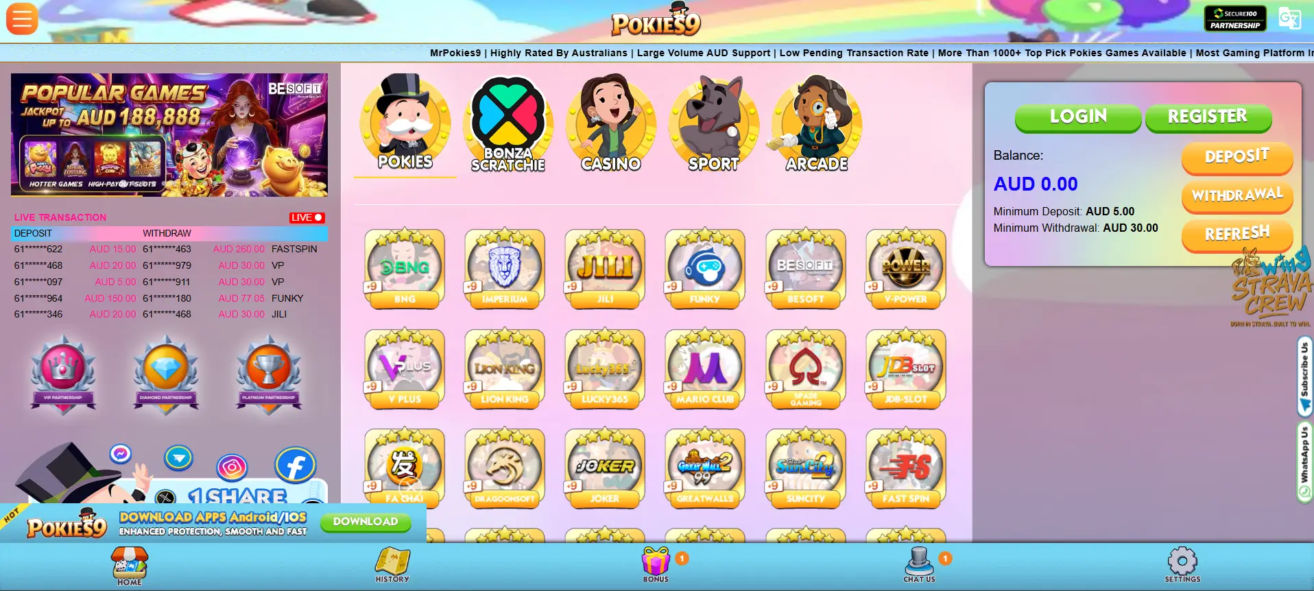 MrPokies9 online casino dashboard with pokies, scratchie, casino and arcade game icons