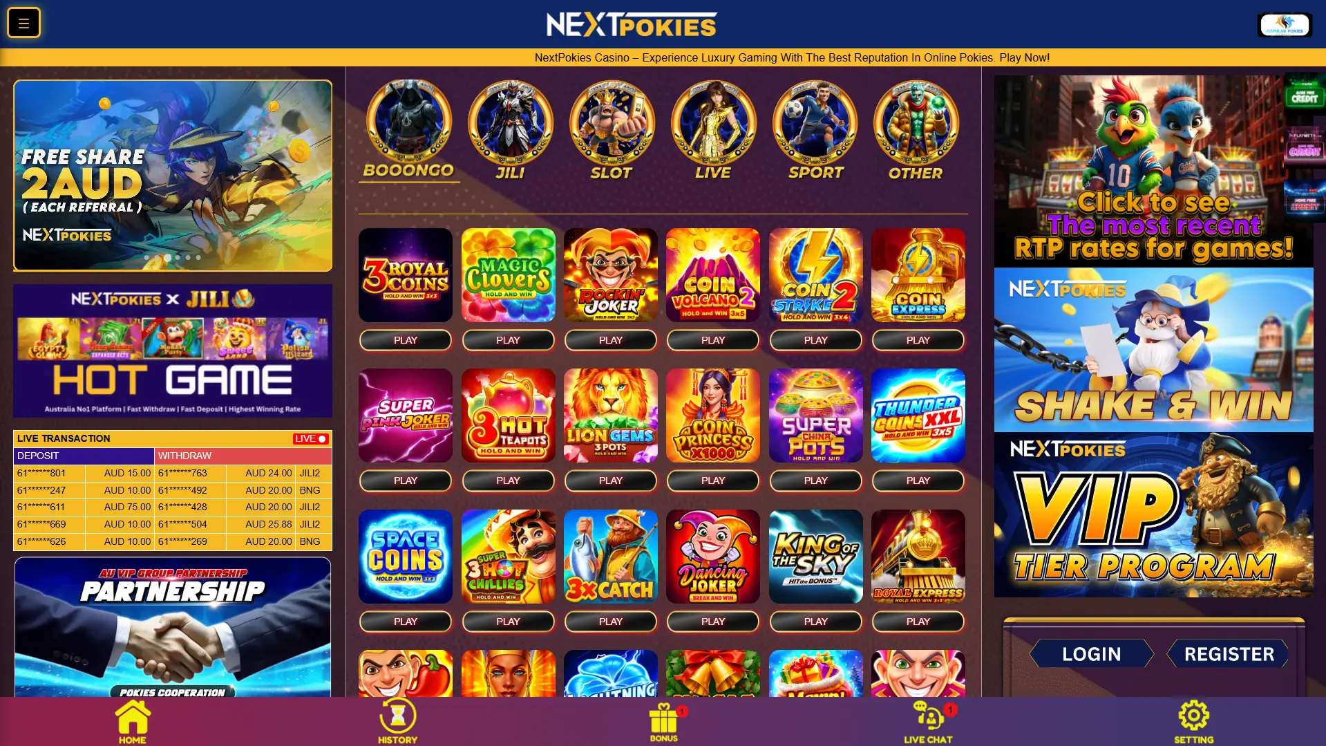 NextPokies homepage displaying slot games categories promotions live transactions and vibrant graphics