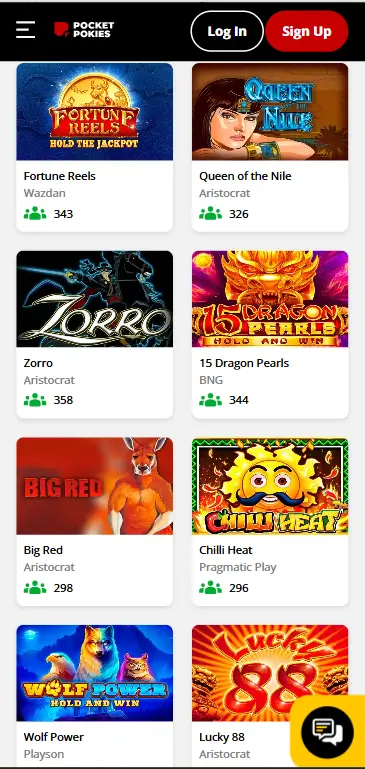 Pocket Pokies app games page
