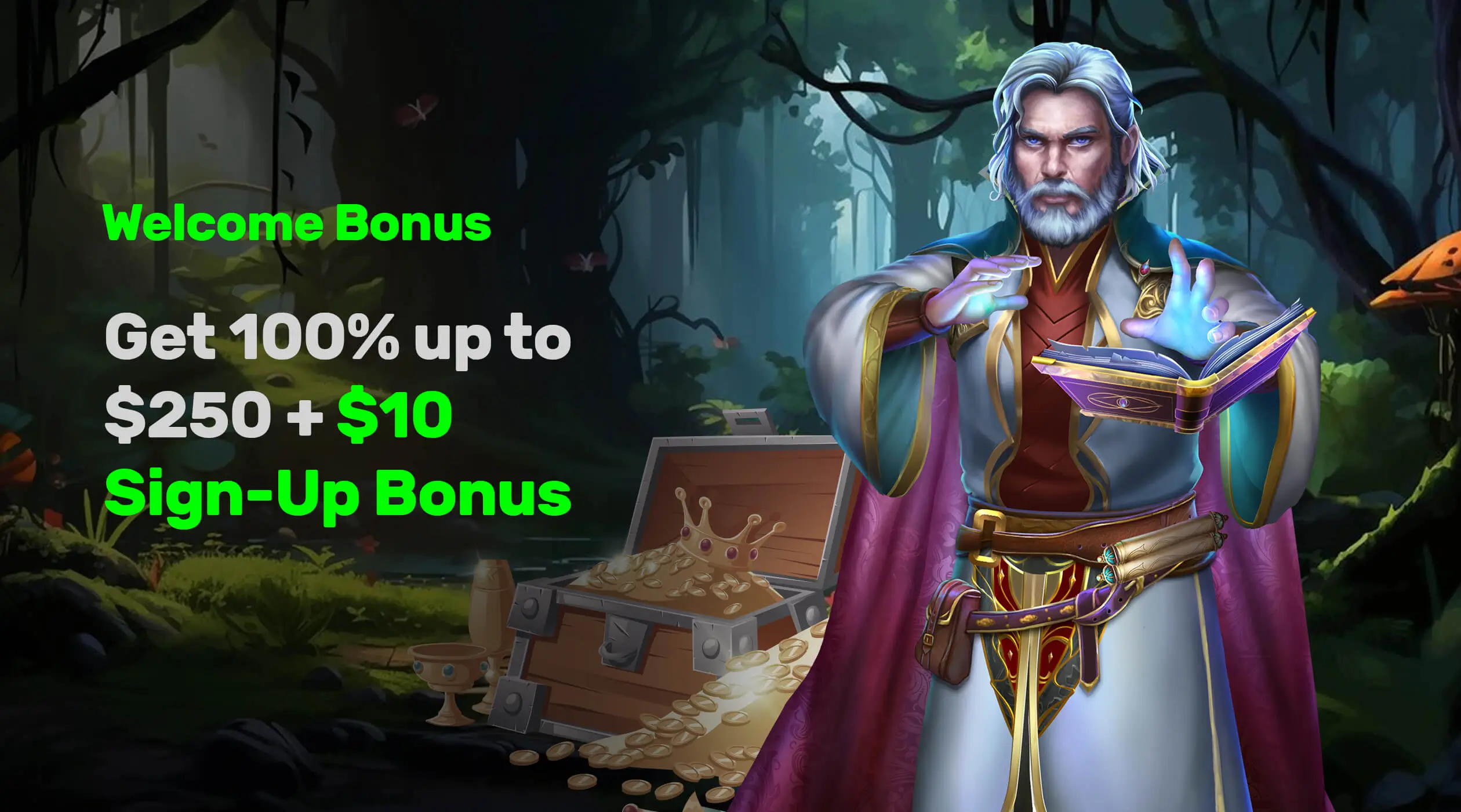 Pokies 111 welcome bonus banner – promotional offer featuring a wizard character with 100% deposit bonus up to $250 and $10 sign-up reward