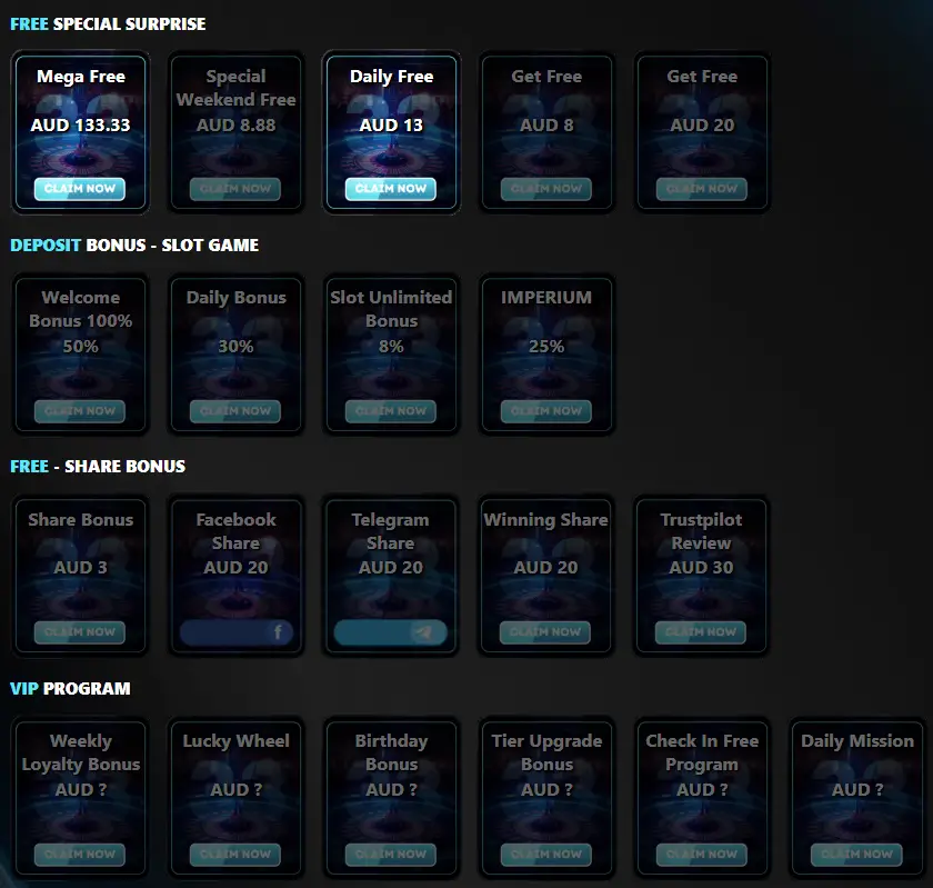 Pokies33 bonus and rewards section – includes free surprises, deposit bonuses, share rewards, and VIP program offers