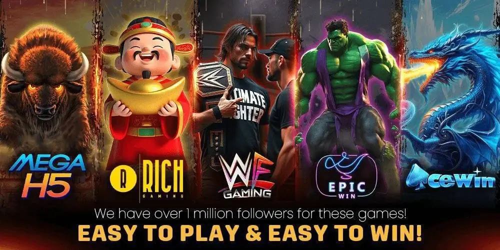 Pokies33 popular games banner – promotion featuring Mega H5, Rich Gaming, WWE Gaming, Epic Win, and Ace Win — easy to play and easy to win