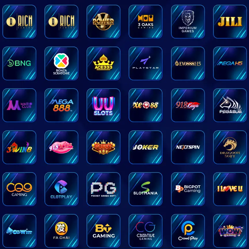Pokies99 game providers grid displaying logos of popular casino and slot developers on a blue background