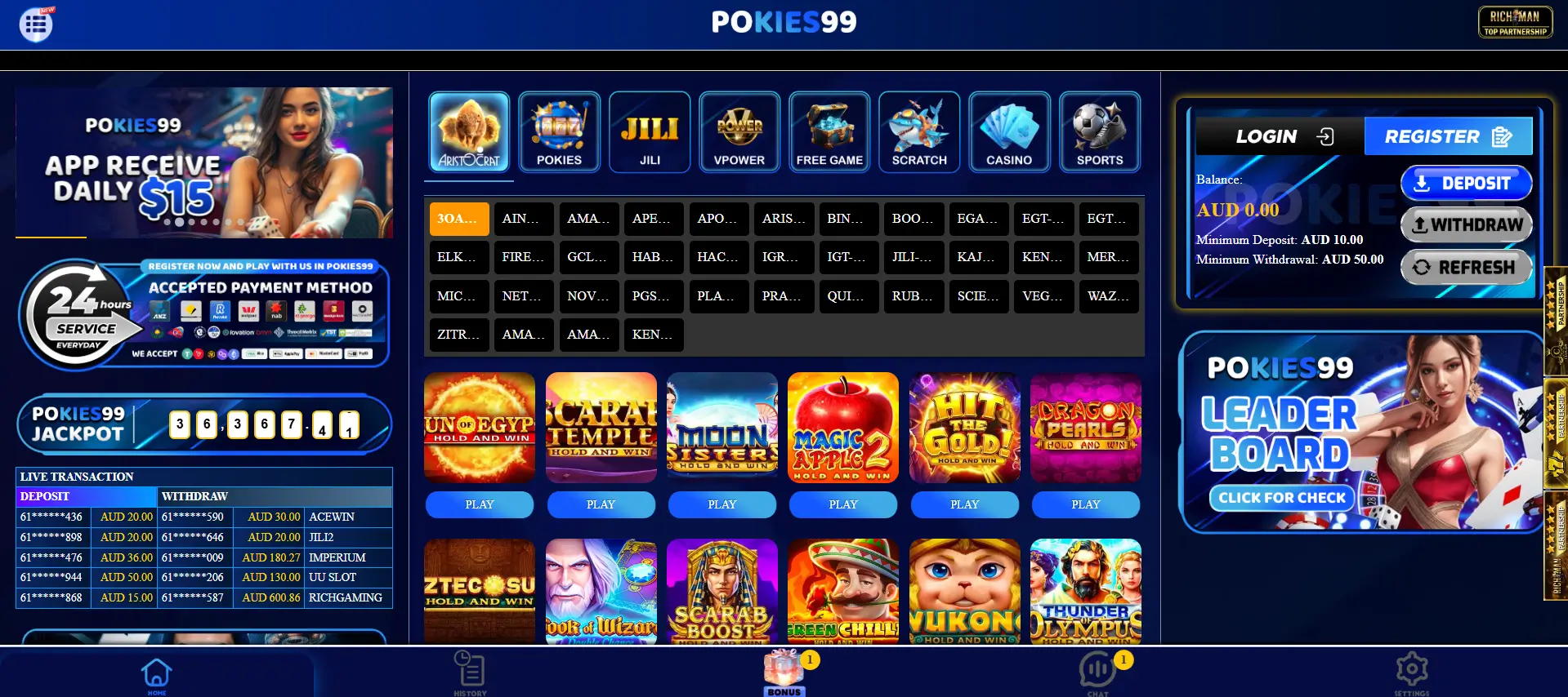 Pokies99 main lobby showcasing slot games, jackpots, and payment options with vibrant blue interface