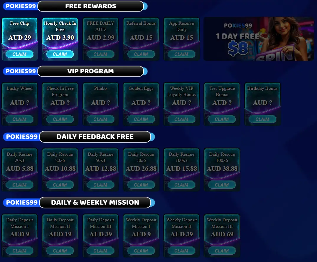 Pokies99 rewards dashboard featuring free bonuses, VIP program, and daily missions with claim buttons