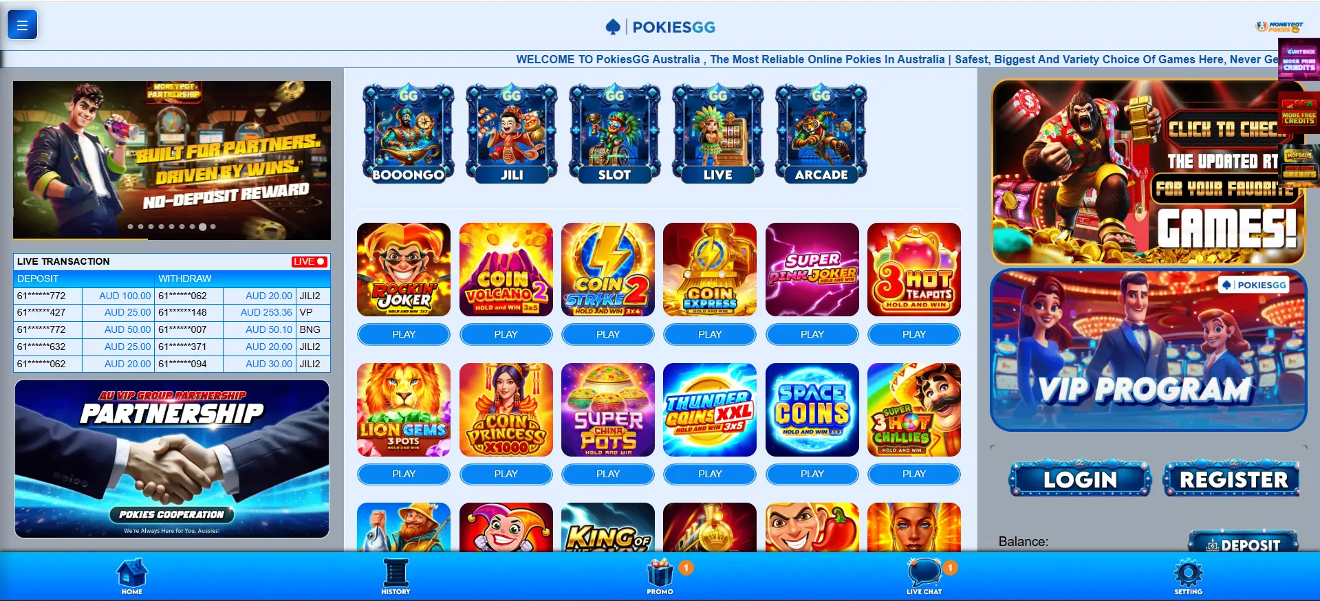 PokiesGG main website interface – Australian pokies homepage with slot games like Coin Volcano, Thunder Coins, and VIP program