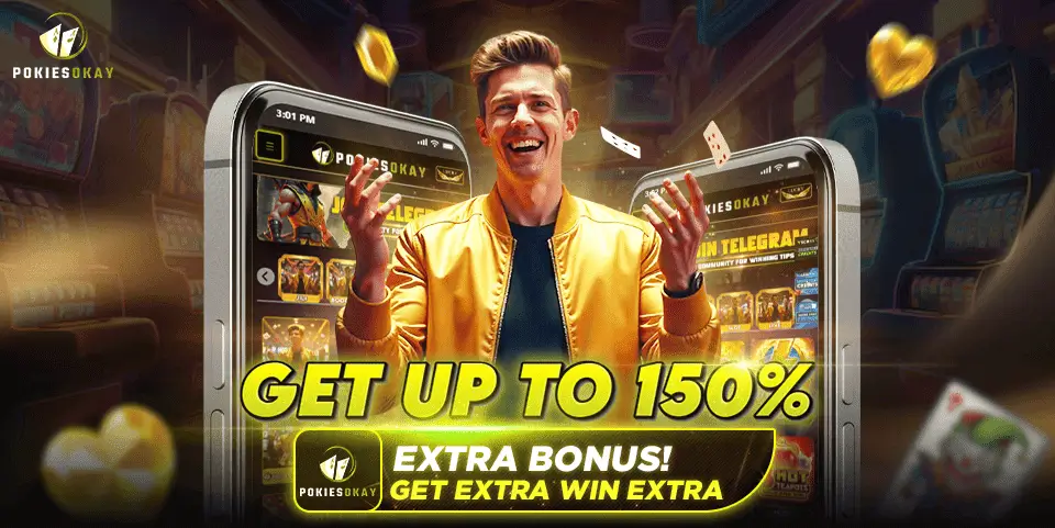 PokiesOkay bonus banner showing excited man with smartphones surrounded by glowing casino elements