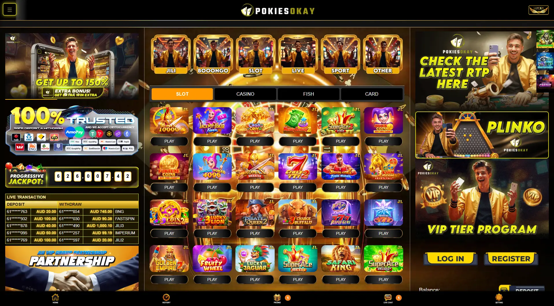 PokiesOkay homepage showcasing slot games categories bonuses live transactions and promotional banners