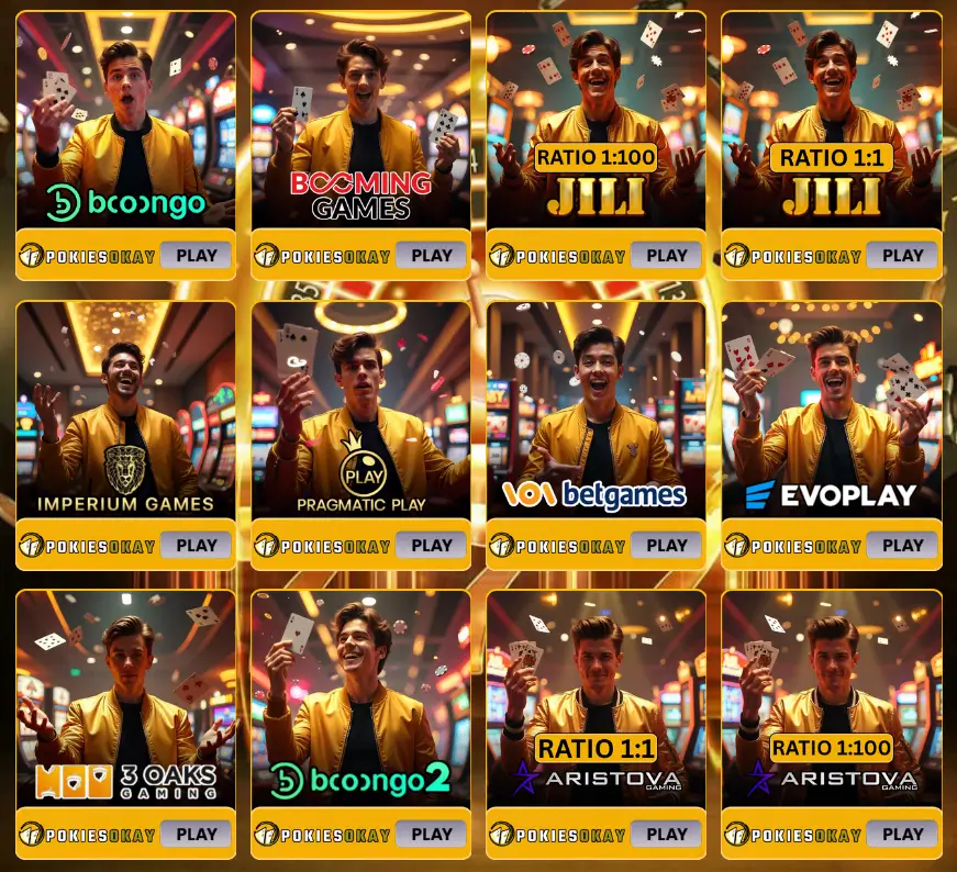 PokiesOkay provider grid featuring man in casino environment with multiple gaming brand logos