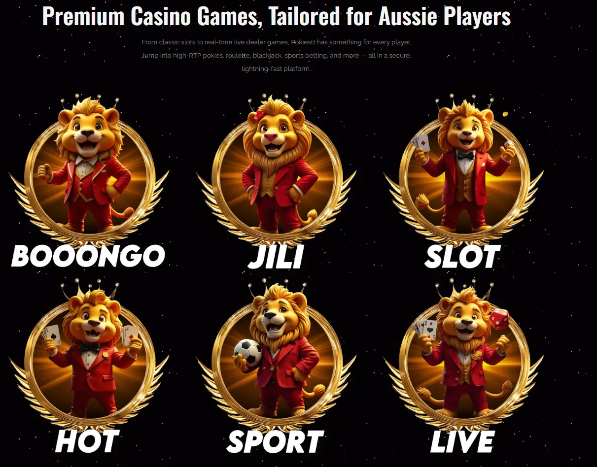 PokiesTT game icons with lion mascot representing slots, sports, and various casino categories