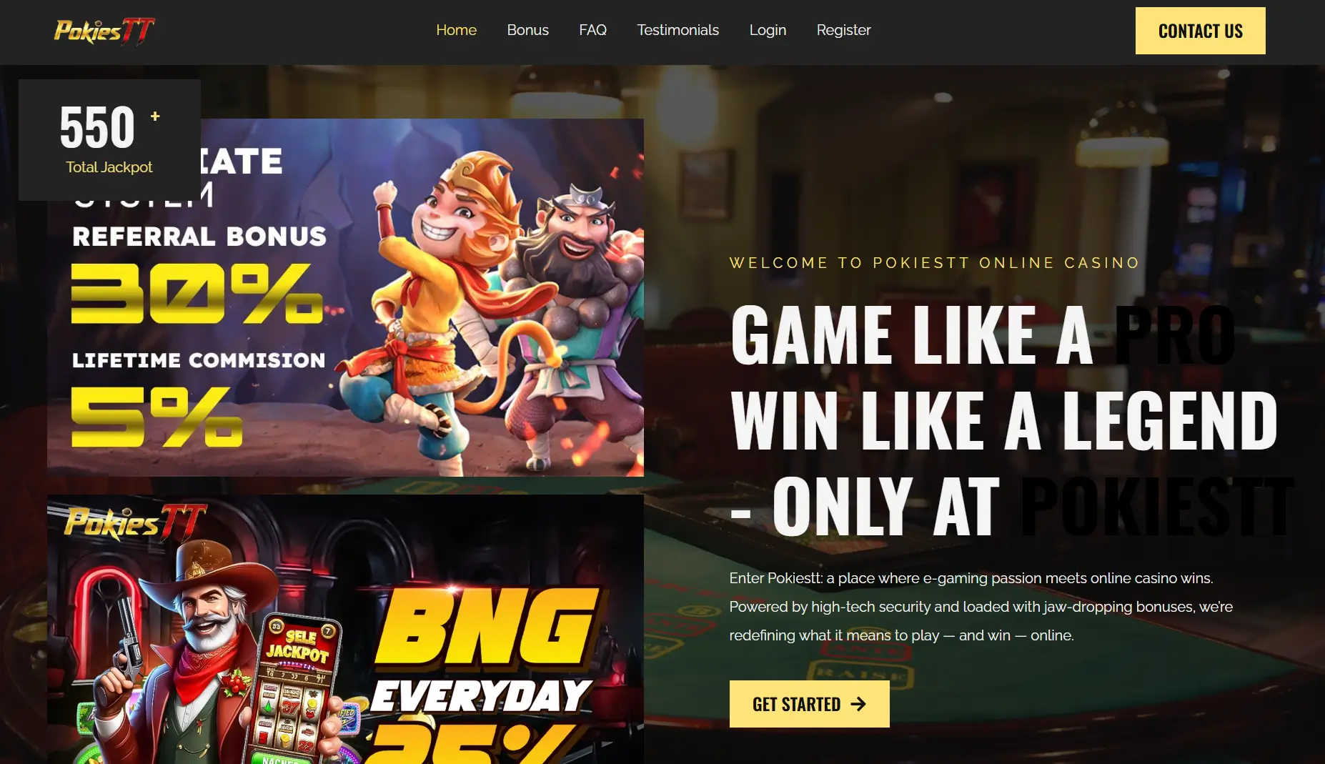 Promotional PokiesTT casino banner featuring animated characters, bonus offers, and vibrant graphics.