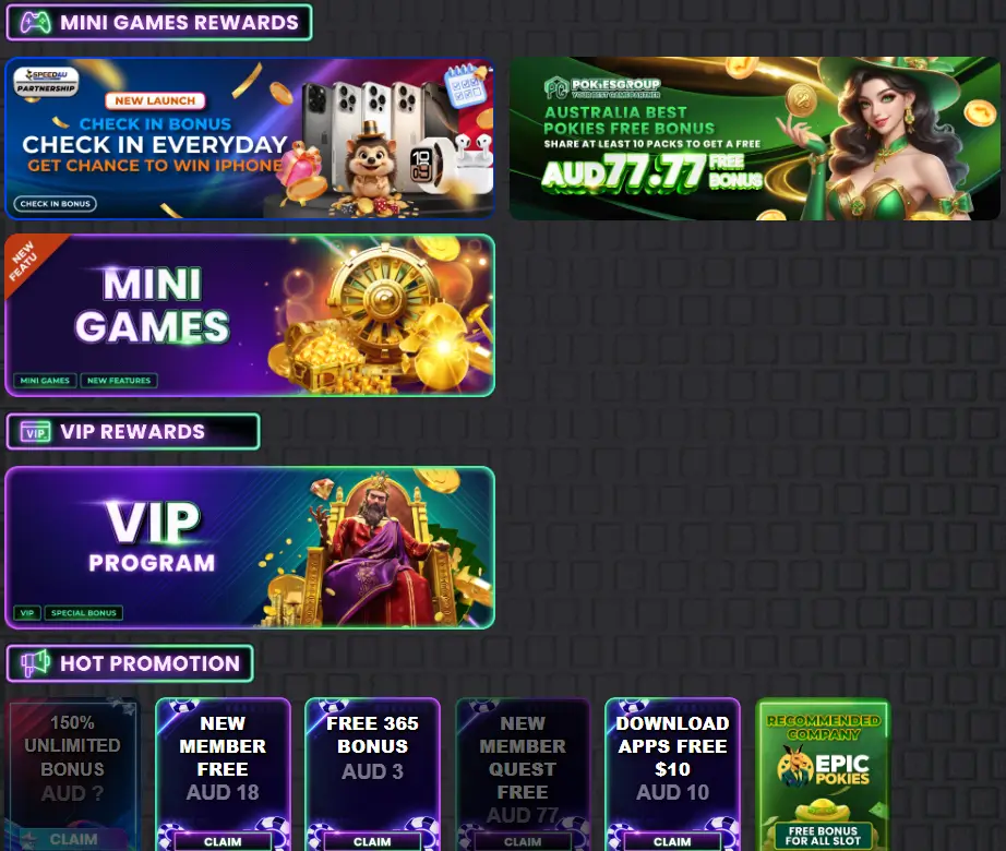 RichPokies bonus section showing mini games VIP rewards promotions and colorful themed banners