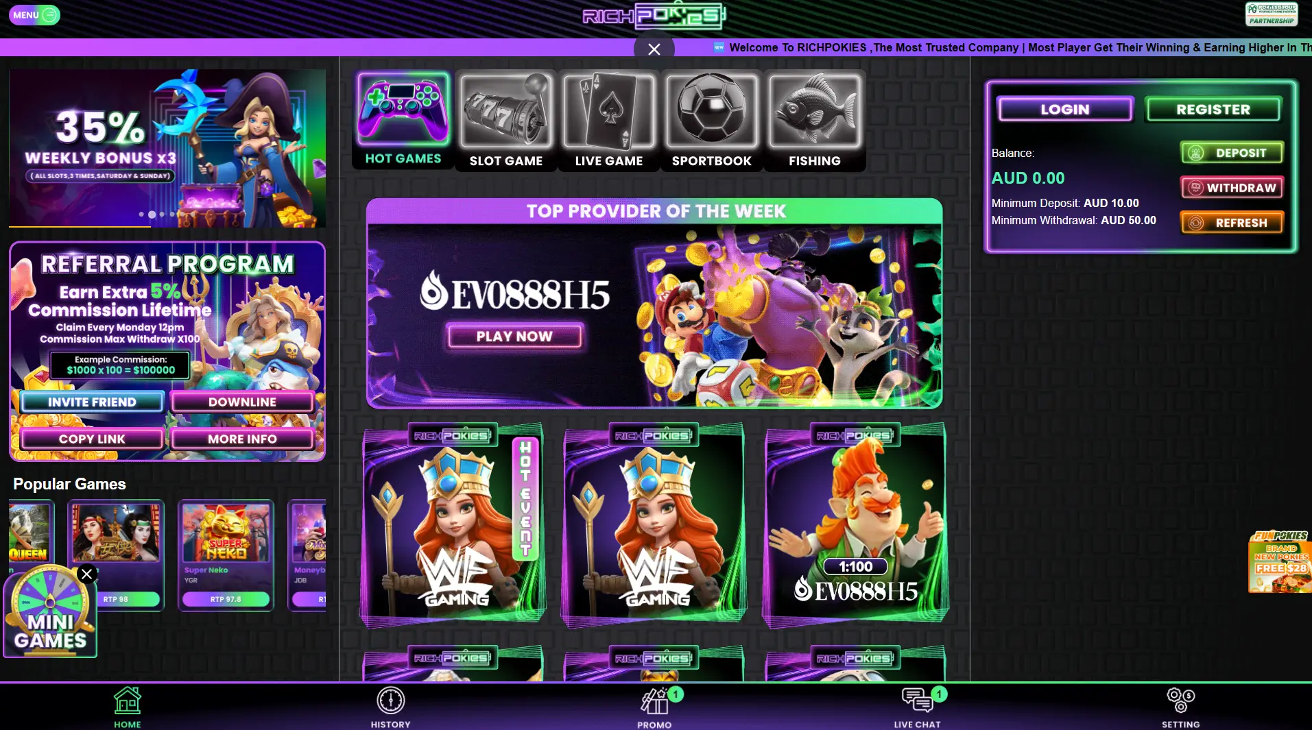 RichPokies homepage displaying game categories referral program provider highlights and vibrant slot icons