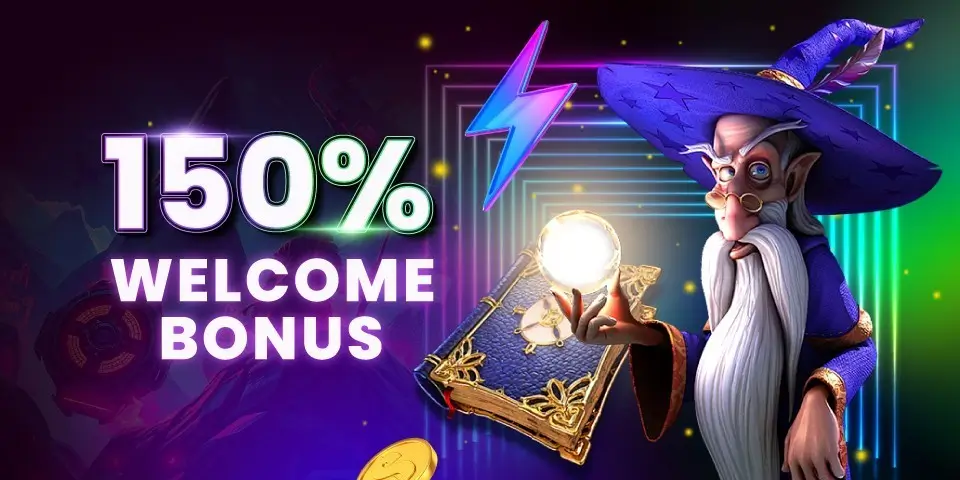 chPokies welcome bonus banner featuring wizard character glowing book and magical neon background