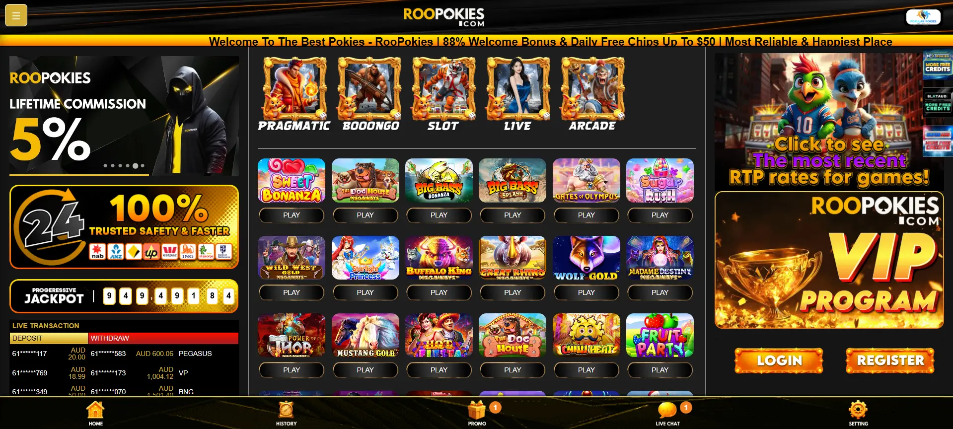 RooPokies online casino homepage – main interface featuring slot games like Sweet Bonanza, Big Bass Bonanza, and VIP loyalty program