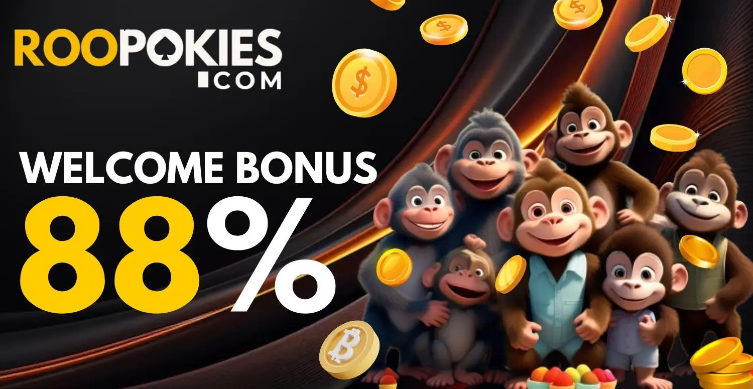 RooPokies casino promotion showing 88% welcome bonus with cartoon monkeys and Bitcoin coins.