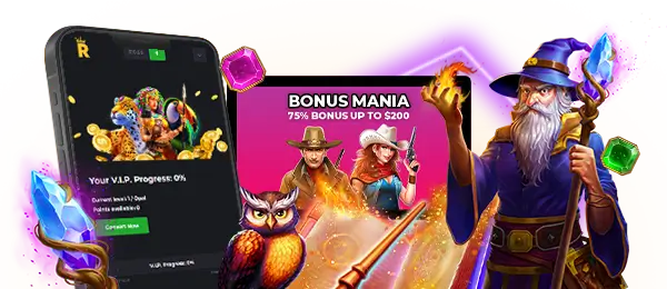 Royal Reels Pokies bonus banner – Bonus Mania offer with 75% bonus up to $200 and fantasy-themed graphics