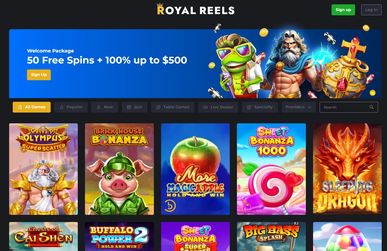 Royal Reels Pokies homepage – main casino lobby showing $10 free welcome bonus and featured slot games.