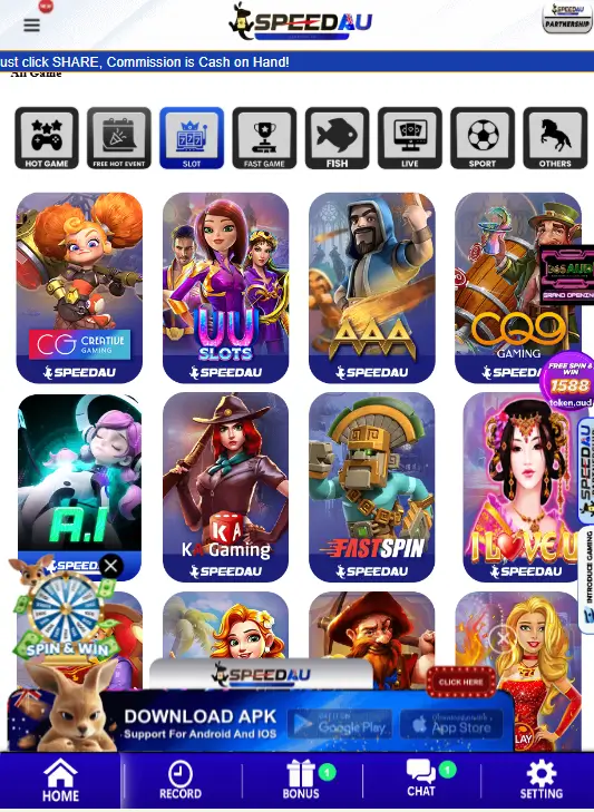 Speed AU Pokies game lobby – selection of slot and casino games with colorful icons