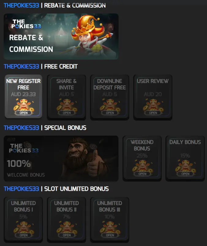ThePokies33 bonus and rebate offers – free credit AUD 23.33, commission bonuses, unlimited slot rewards, and weekend promotions