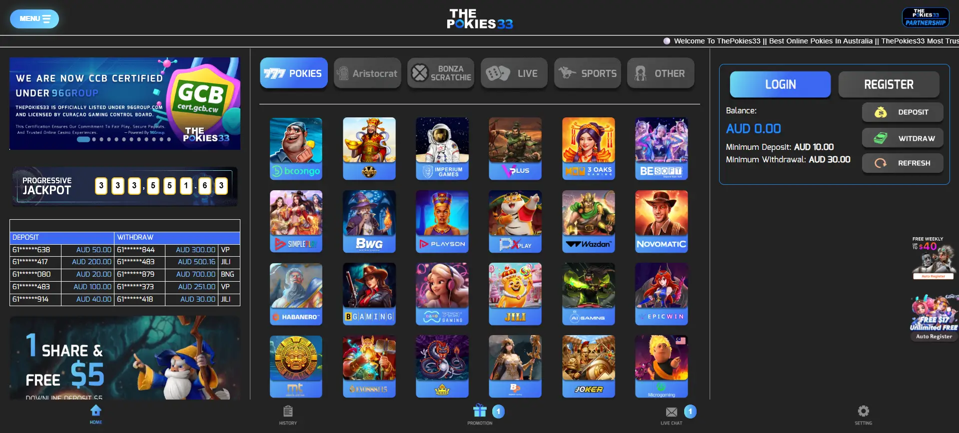 ThePokies33 official website interface – homepage showing popular online pokies, live casino, and jackpot tracker