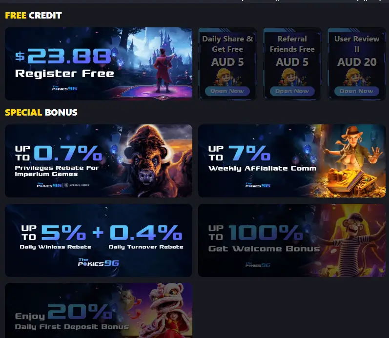 ThePokies96 promotions and bonuses – free credit, welcome bonus up to 100%, daily rebates, and affiliate rewards