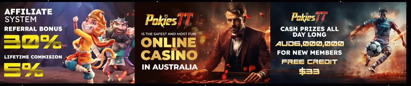 Wide PokiesTT advertisement showing bonuses, dealer, and athlete promoting casino rewards