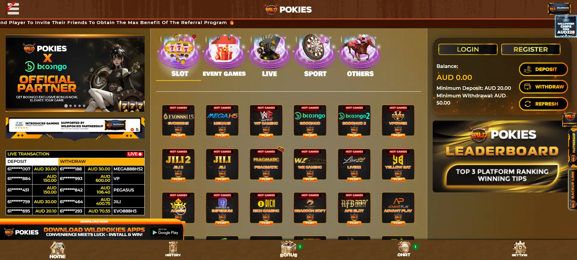WildPokies homepage interface – casino dashboard with slot categories, leaderboard, live transactions, and partner promotions