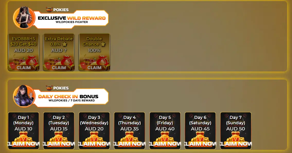 WildPokies promotions page – daily check-in bonuses and exclusive wild rewards shown with AUD prize amounts